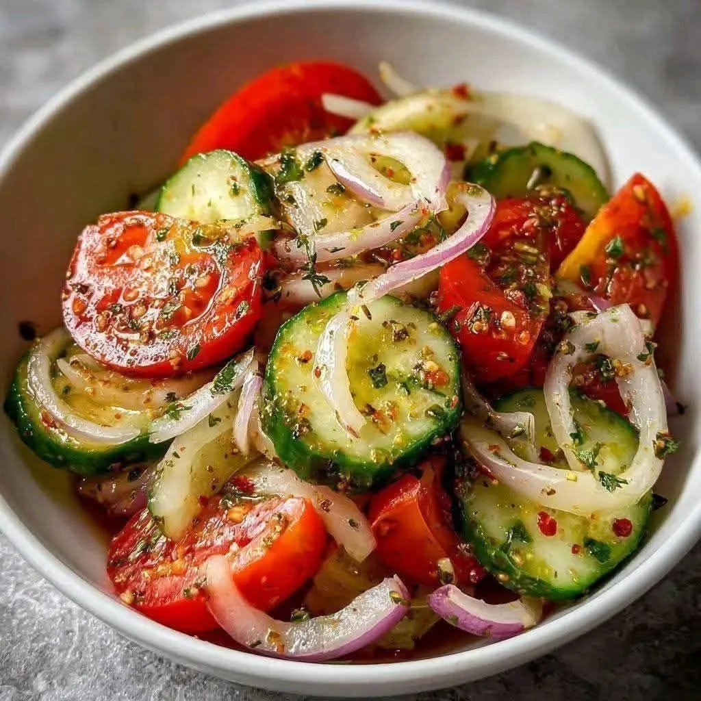 Delicious and Refreshing Marinated Cucumber, Onion, and Tomato Salad