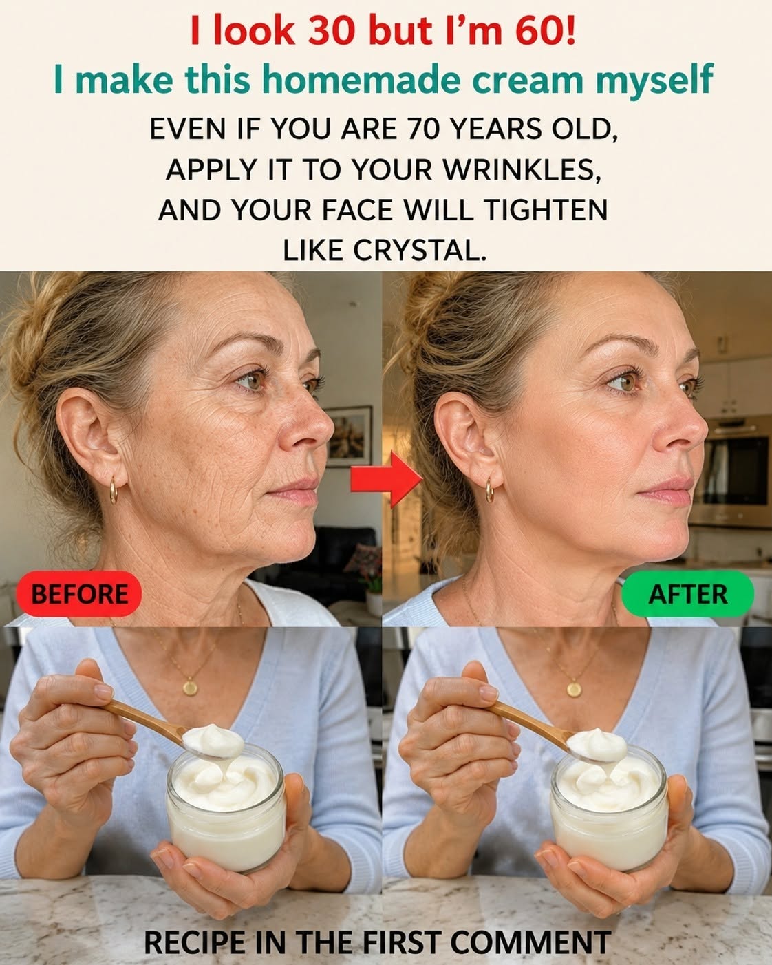 Prepare the baking cream, put it on before bed. Bye bye wrinkles and manc.. see more. To keep getting my recipes, you just have to say something… Thank you!